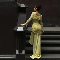 LIZAKOSHT  -  Off-Shoulder Pleated Long Dresses Women Fashion Solid Slim Ribbon Hip Pocket Maxi Dress Lady Summer Chic Evening Party Robes