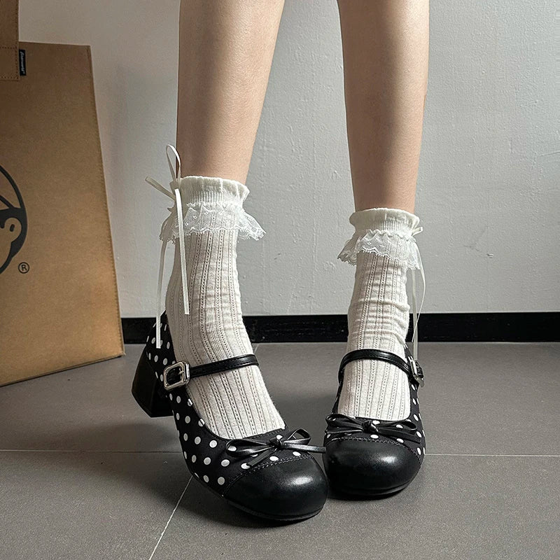LIZAKOSHT  -  Cute Polka Dot Thick Heel Women Mary Jane Shoes Designer Buckle Strap Pumps Ladies Eelgant Butterfly-knot Dress Single Shoes