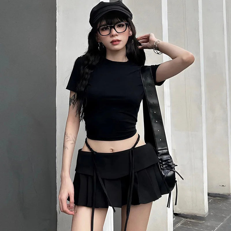 LIZAKOSHT  -  Solid Sweet Hollow Out Women Skirts Y2k Aesthetic A-line Pleated Mini Skirt High Waist Slim Streetwear Grunge Faldas Harajuku