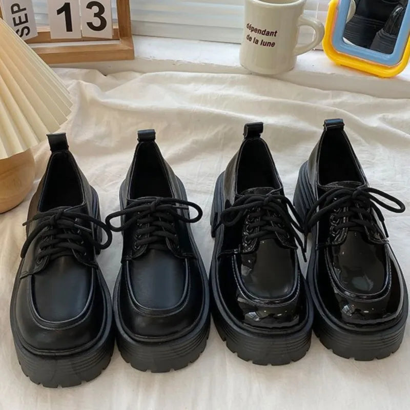 LIZAKOSHT  -  Autumn Women Black Platform Basic Mary Jane Shoes Flats Clogs Prepppy Style Leather Shoes British Style Lace Up Pumps Shoes