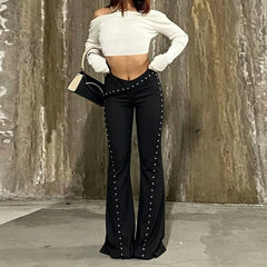 LIZAKOSHT  -  Personality Low Sken Waist Lrregular High Street Women Pant Y2k Gothicn High Street Rivet Nail Long Flare Pants Casual Trousers