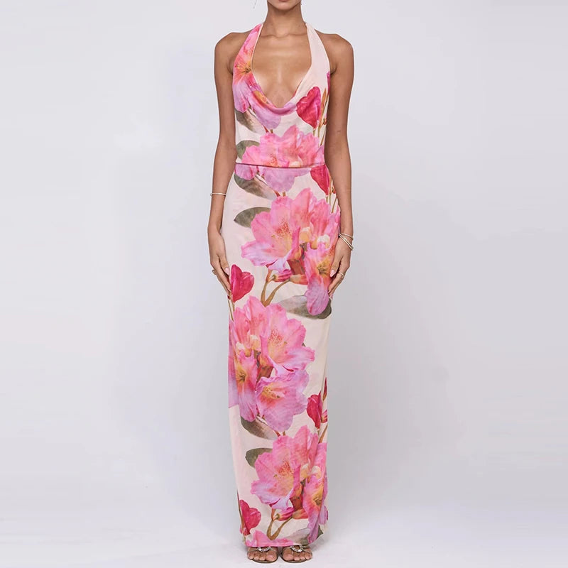 LIZAKOSHT  -  Fashion Hight Waist Lace-Up Wrap Hip Dress Sexy Halter Sleeveless Bohe Party Dress Women's Elegant Pattern Print Slim Long Dress