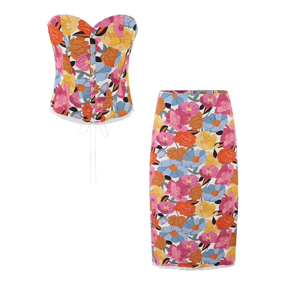 LIZAKOSHT  -  Summer Women Floral Cross Lacing Up Back Strapless Tank Top + Zip up Low Waist Hem Slit Midi Long Pencil Skirt 2 Pieces 1 Set