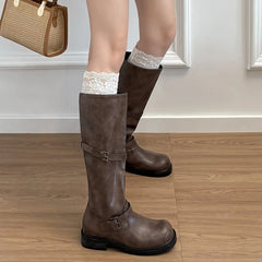 LIZAKOSHT  -  Vintage Belt Buckle Women Knee High Boots Elegant Low Heel Slip On Shoes Autumn Winter Ladies Knight Long Booties