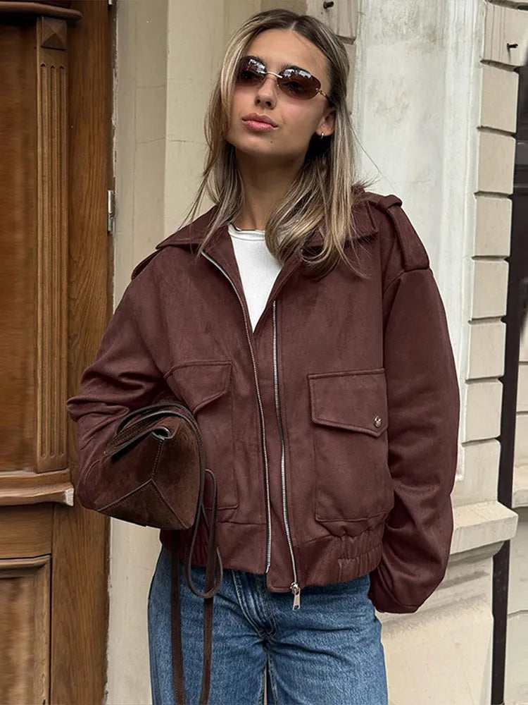 LIZAKOSHT  -  Casual Flip Collar Zipper Pocket Jacket Woman Solid Color Long Sleeves Loose Street Coats Chic Women's Warm Early Autumn Jackets