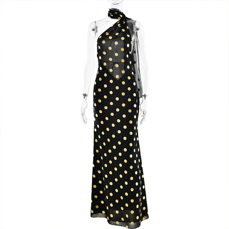 LIZAKOSHT  -  Elegant Hanging Neck Backless Off-shoulder Polka Dot Chiffon Slimming Irregular Long Dress Party Vacation Clothes For Women