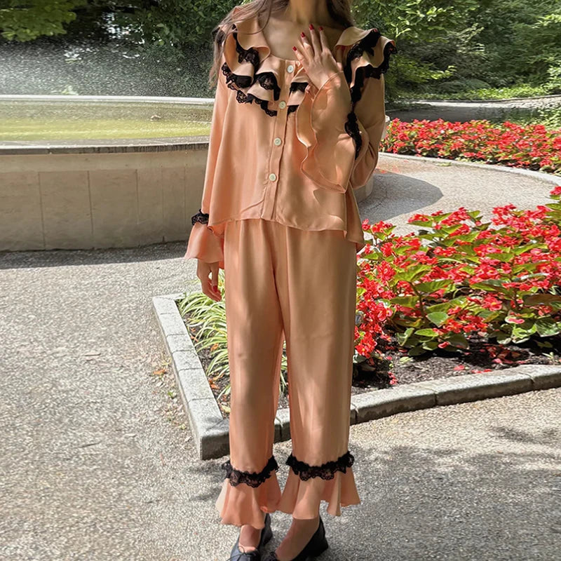 LIZAKOSHT  -  Women Satin Silk Pajamas Lace Trim Long Sleeve Turn Down Ruffles Button Up Blouse Tops + Pants Lounge 2 Pcs Set
