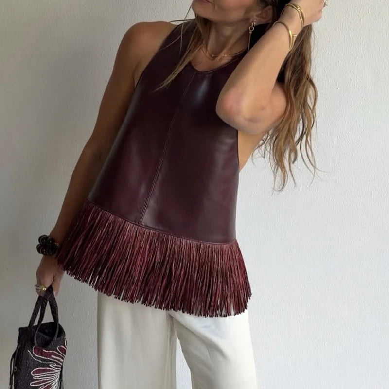 LIZAKOSHT  -  Women's Elegant O-neck Tassel Splicing Vest Fashion Commute High Waist Summer Tank Tops Casual Street Solid PU Leather Blouses