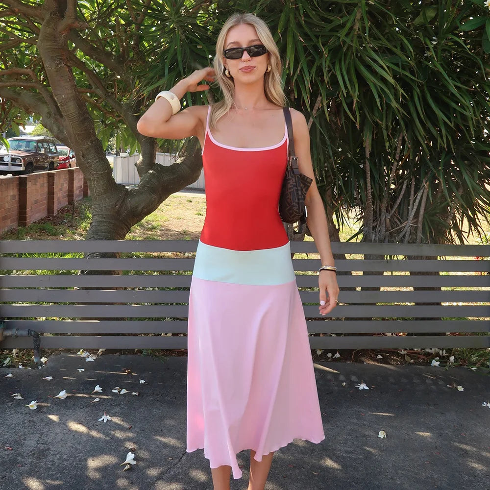 LIZAKOSHT  -  Women's Casual Sexy Spaghetti Strap Patchwork Vacation Dress Streetwear Y2K Ladies Sleeveless Backless Slim Fit  Beach Dresses