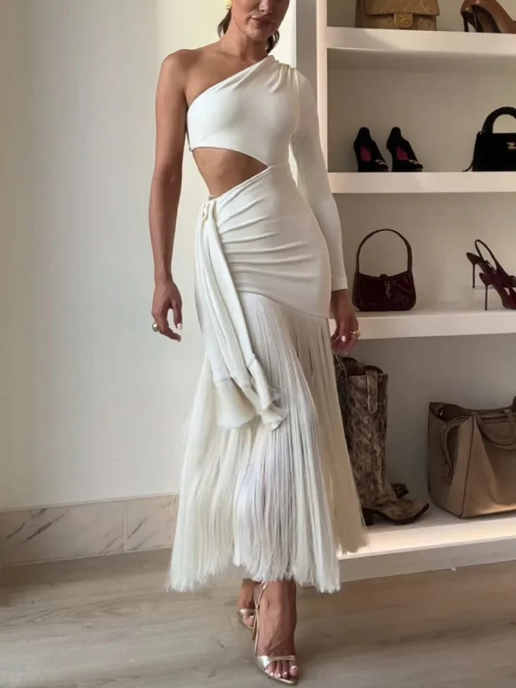 LIZAKOSHT  -  Summer Dresses Sexy Skinny Women's Sleeveless Dress New Fashion Tasseled Pleated One-Shoulder White Robe Female