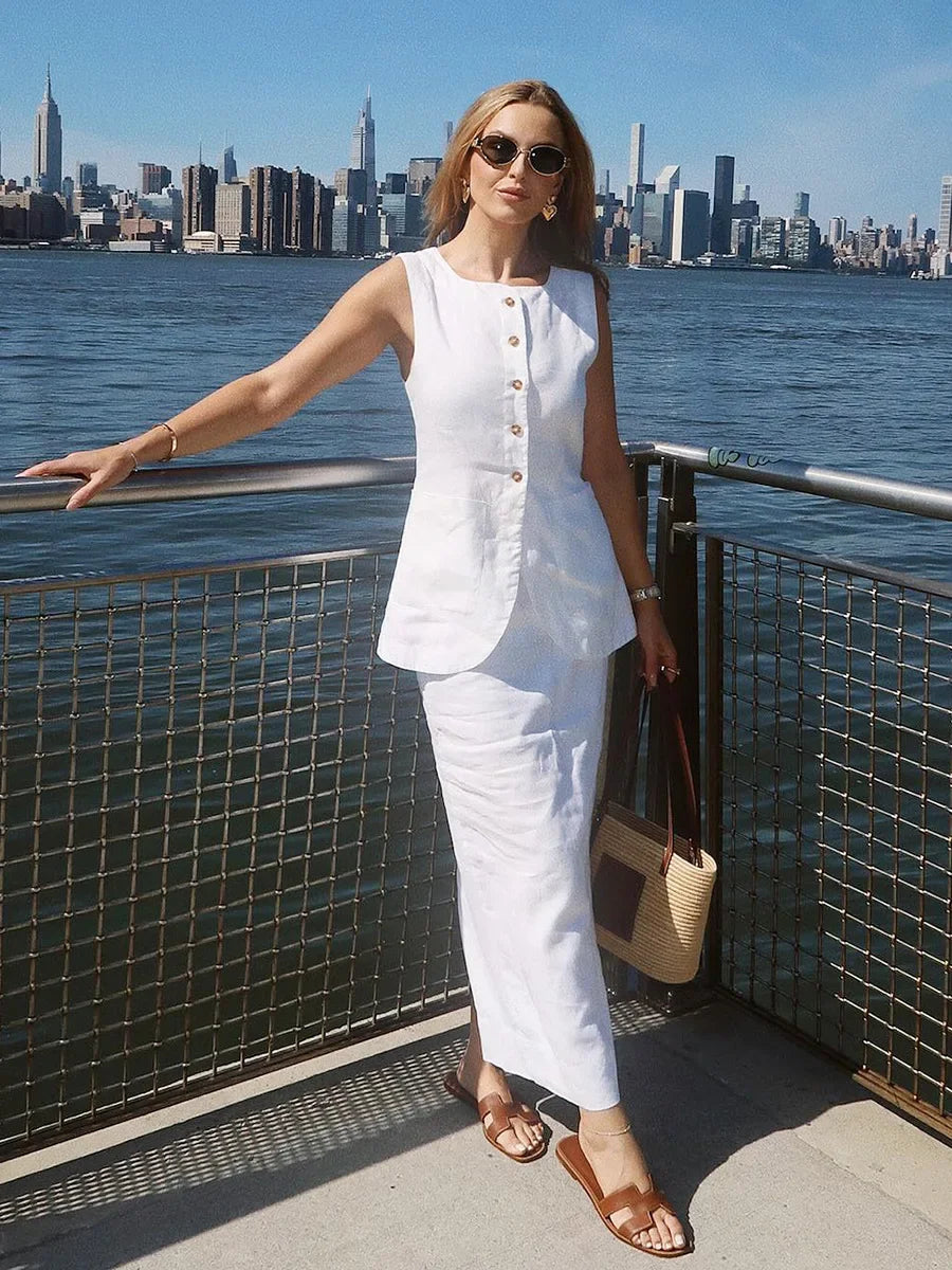LIZAKOSHT  -  Women's Sleeveless Vest High Waisted Skirt 2-Piece Set Spring Summer New Linen Casual Suit Fashion Office Lady Vest Set