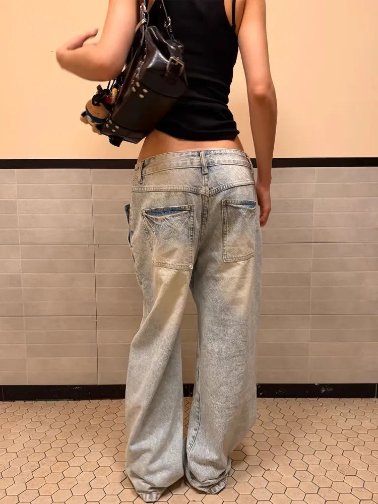 LIZAKOSHT  -  Y2K Vintage Streetwear Plus Size High Waist Wide Leg Jeans Women Washed Distressed Loose Fit Denim Pants Flattering Daily Outfit