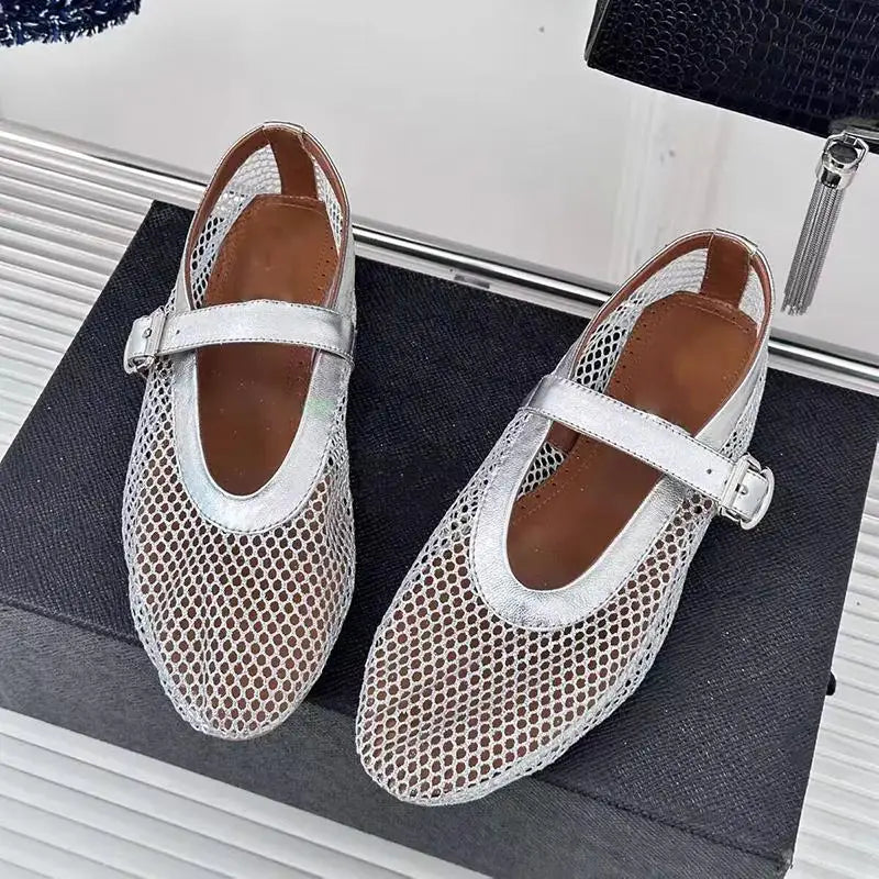 LIZAKOSHT  -  Fashion women mesh ballet falts round toe buckle strap pumps