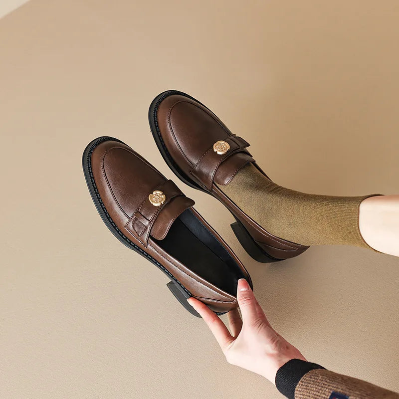 LIZAKOSHT  -  Women's British Shoe Autumn New Thick Heel Women Leather Shoe Versatile Anti Slip Women Casual Shoes Gold Buckle Women's Loafers
