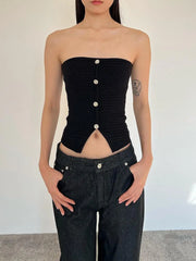 LIZAKOSHT  -  Women Off The Shoulder Button Up Sleeveless Knitted Crop Top