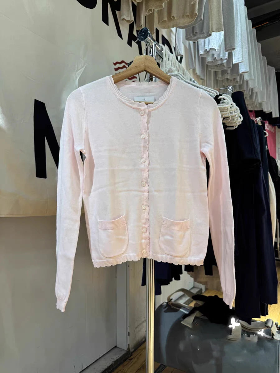 LIZAKOSHT  -  Pockets Pink Cute Knitted Sweater Cardigan Women New Wave Trim O-neck Cotton Autumn Sweaters Sweet All-match Solid Knitwear Tops