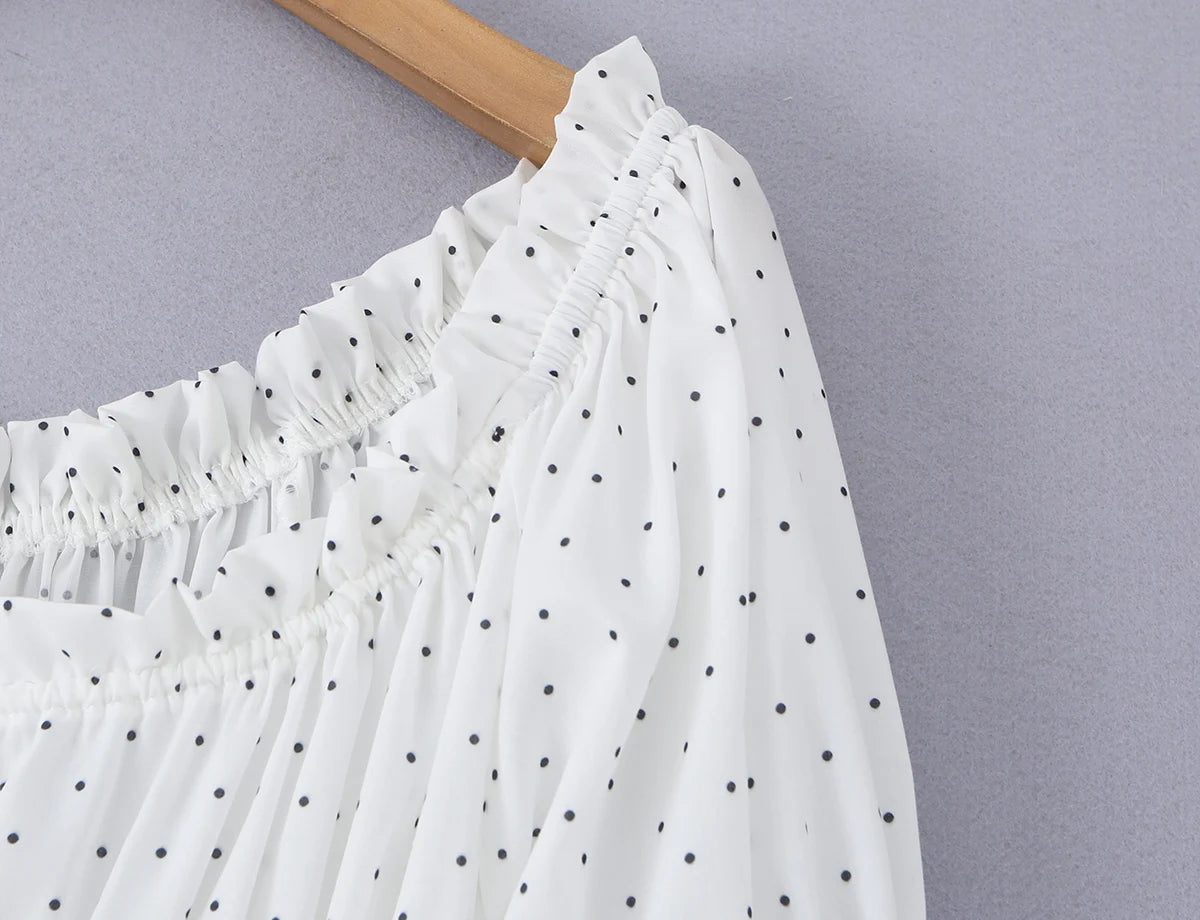 LIZAKOSHT  -  Dot Print Wood ears Ruched Chest Bow U collar Puff Sleeve Dress Elastic High Waist Pleated Swing Midi Dresses Holiday Robe