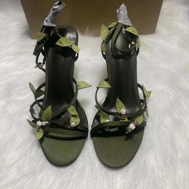 LIZAKOSHT  -  Green Leafs Narrow Band Women Gladiator Sandals Luxury Flower Evening Party Prom Stiletto Open Toe High Heels Female Dress Shoes