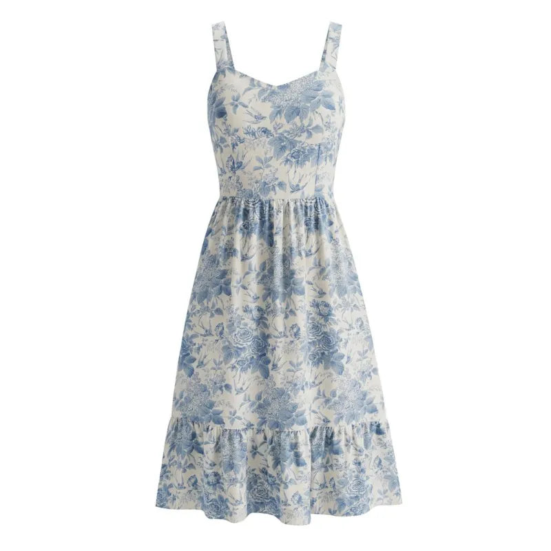 LIZAKOSHT  -  Vintage French Bird Floral Print Tank Dress Women V neck Slim Waist Folds Ruffles Hem Midi Long A-line Swing Dresses Vestidos