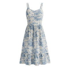 LIZAKOSHT  -  Vintage French Bird Floral Print Tank Dress Women V neck Slim Waist Folds Ruffles Hem Midi Long A-line Swing Dresses Vestidos