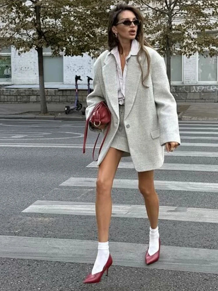 LIZAKOSHT  -  Fashion Classic Grey Women's Jacket Skirt Set Solid Color Turndown Collar Single Breasted Jackets Slim Fit Short Skirts Sets