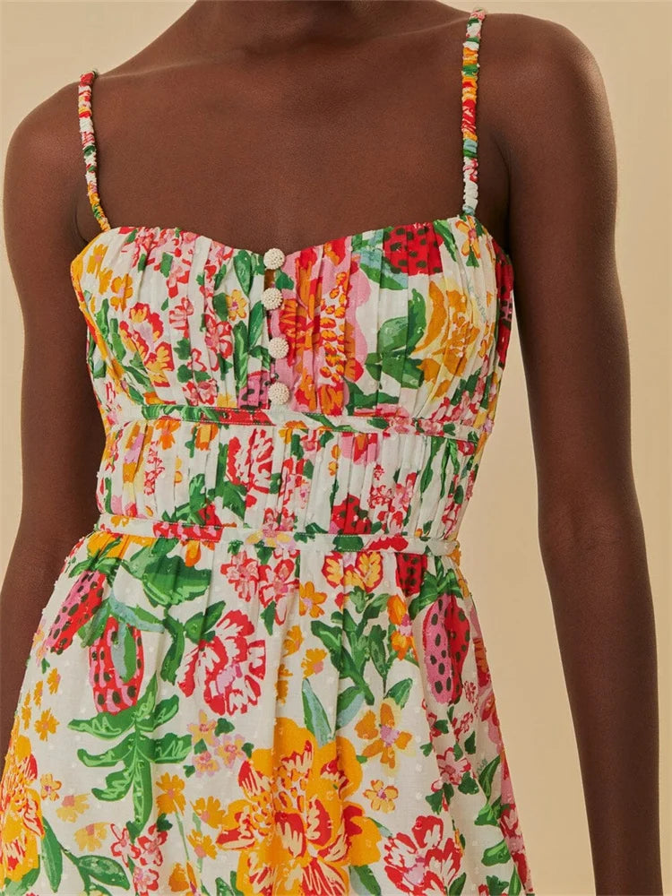 LIZAKOSHT  -  Vintage Floral Print Long Maxi Dress for Women Sleeveless Strap Ruched Buttons Up High Waist Beach Dress Vestido
