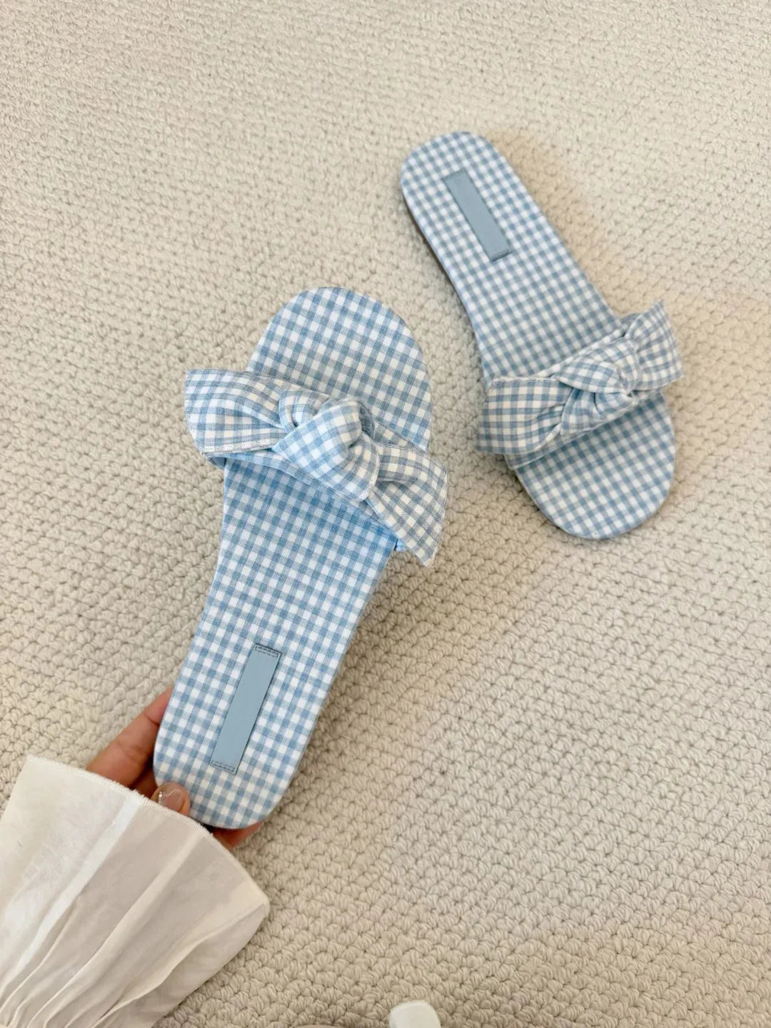 LIZAKOSHT  -  Silk Butterfly-Knot Slippers Women Flat Heel Gingham Sandals Cloth Fabric Slides Female Slip On Pantuflas House Flipflops