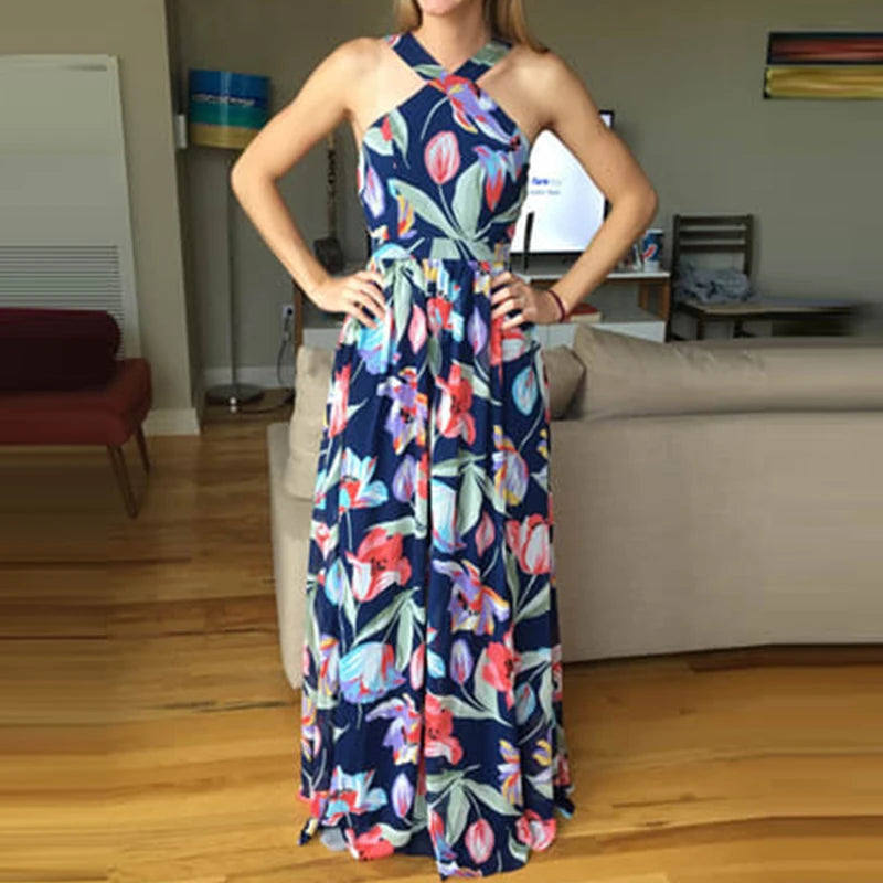 ﻿LIZAKOSHT  -  Women Floral Print A-line Beach Dress Elegant High Waist Full Length Swing Maxi Dress All Match Off Shoulder Party Dress Spring