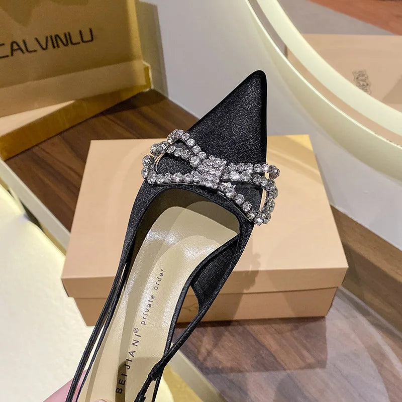LIZAKOSHT  -  New Silk Satin Rhinestone Bow Knot High Heels Women's Thin Heels Back Air Strap  Baotou Sandals  Fairy Style  Summer