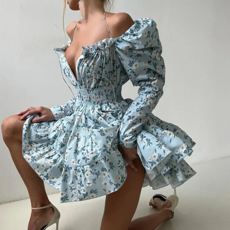 LIZAKOSHT  -  Floral Print Dress For Women Autumn Sexy Deep V Nekc Bandage Long Sleeve Short Dresses Lace Up Elegant Ruffle Dress 2025