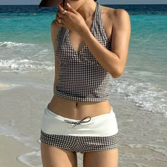 LIZAKOSHT  -  Deep V Tops Mini Patchwork Contrasting Shorts Plaid Swimsuit Two Piece Set For Women Summer Sexy Swimming Sports Beach Bikini