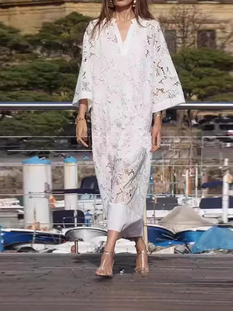 LIZAKOSHT  -  Solid Lace Hollow Out Women's Dress Elegant V-neck Patchwork Puff Sleeve Long Dressess Female Summer Fashion New Lady Robes