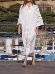 LIZAKOSHT  -  Solid Lace Hollow Out Women's Dress Elegant V-neck Patchwork Puff Sleeve Long Dressess Female Summer Fashion New Lady Robes