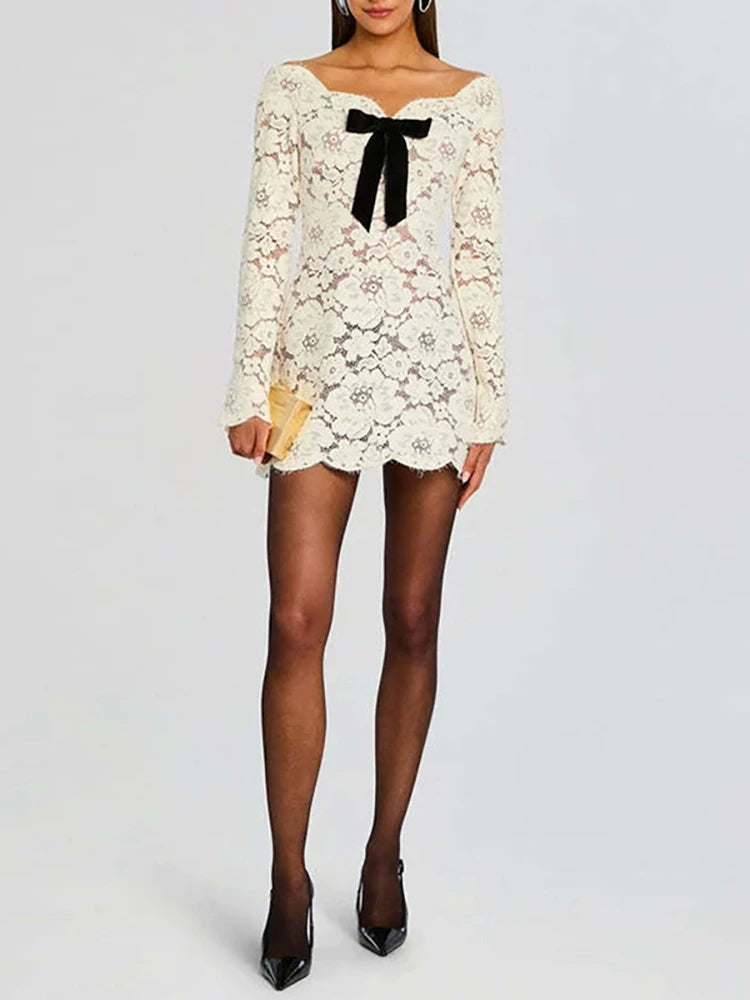 LIZAKOSHT  -  Casual Long Sleeve Slim Women Gowns Sexy Off Shoulder Luxury Wedding Mini Dress Elegant Lace Embroidery Solid A-Line Dress