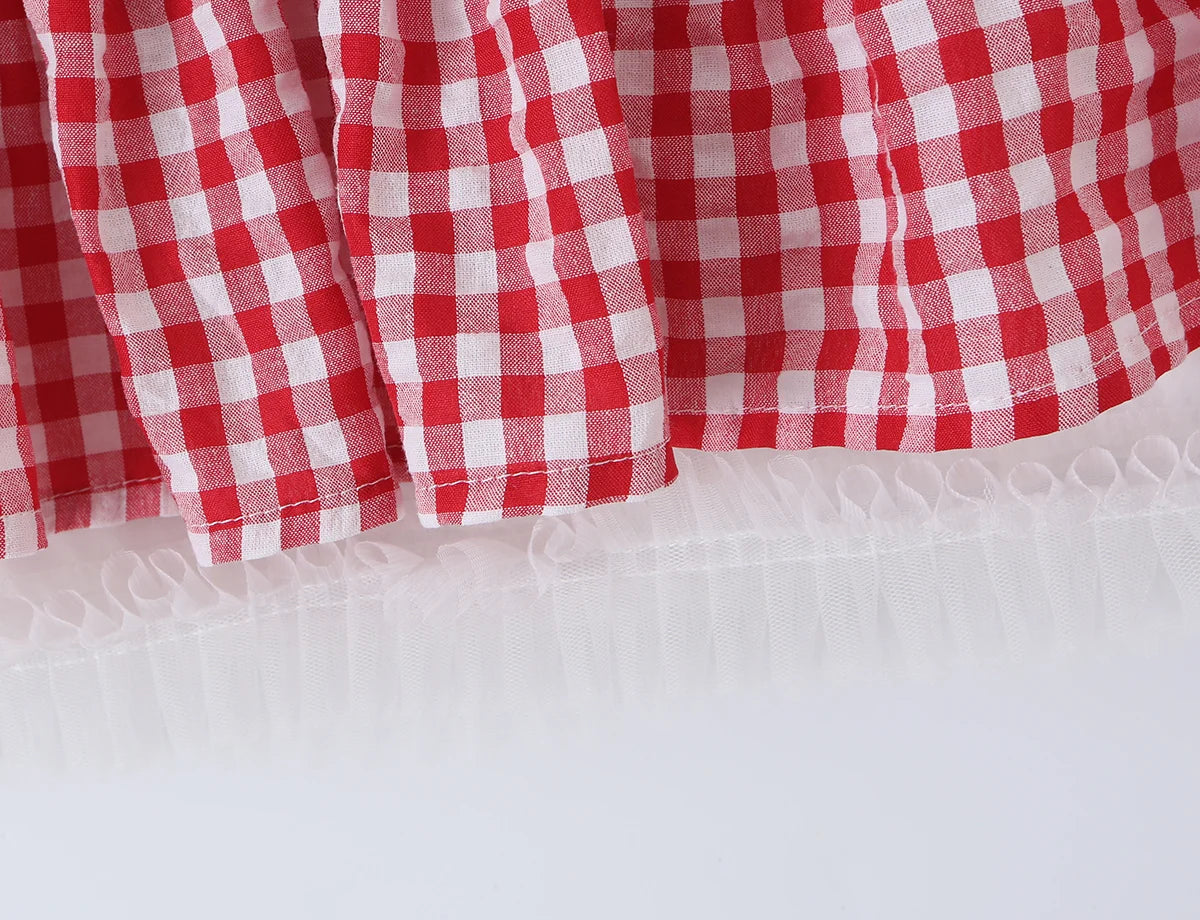 LIZAKOSHT  -  Sexy Red Plaid Spliced Lace Bow Ruched Chest Tank Top + High Waist Wood ears Mesh Lining Swing Cake Mini Skirt Suits 2pcs 1 Set