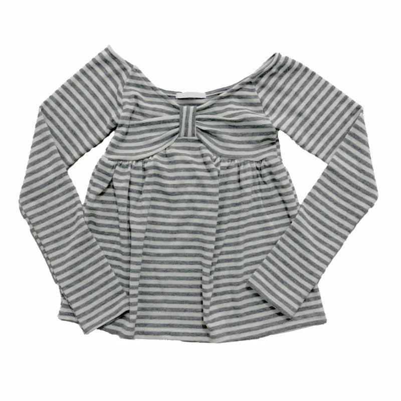 LIZAKOSHT  -  Spring Autumn T Shirt for Women Bows Stripes Y2k Clothes Ropa De Mujer Japanese Style Vintage Slash Neck Tees