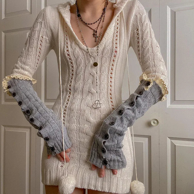 Lizakosht y2k Sweater Dress 2000s Aesthetic Fairycore Grunge Long Sleeve Mini Hooded Dress Women Knitted Winter Dress Streetwear