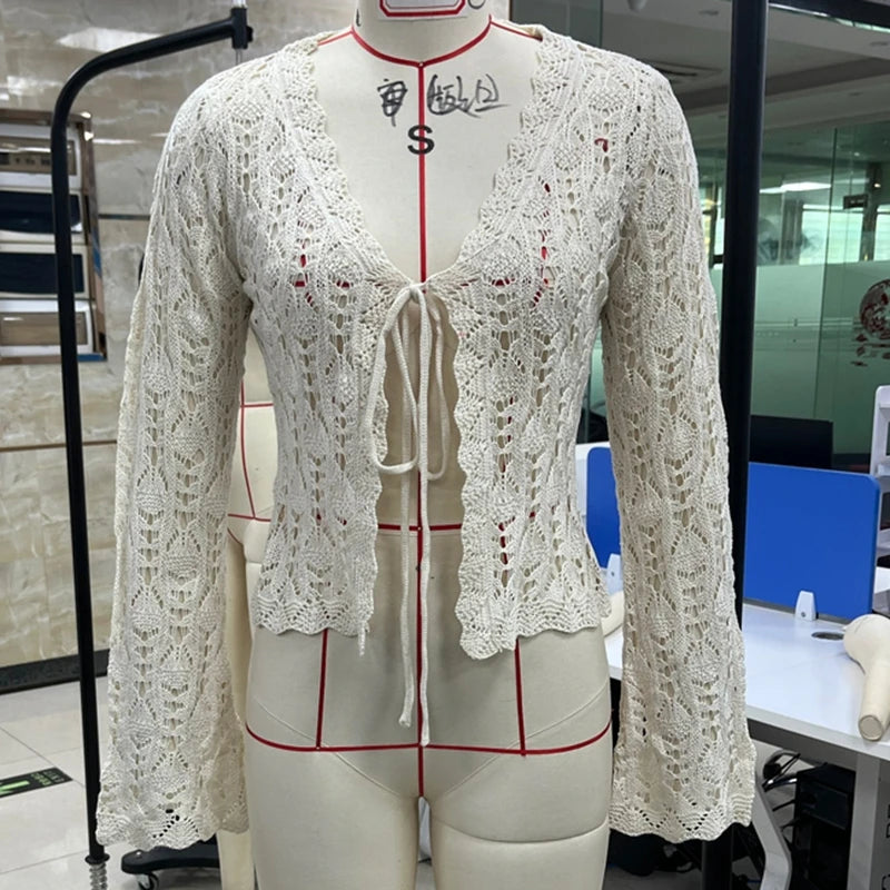 LIZAKOSHT  -  Women Vintage Front Tie Cardigan Crochet Hollow Out Knitted Sweaters Fall Long Sleeve Bolero Shrug Y2K Knitted Tops