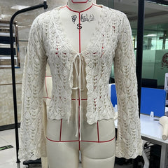 LIZAKOSHT  -  Women Vintage Front Tie Cardigan Crochet Hollow Out Knitted Sweaters Fall Long Sleeve Bolero Shrug Y2K Knitted Tops