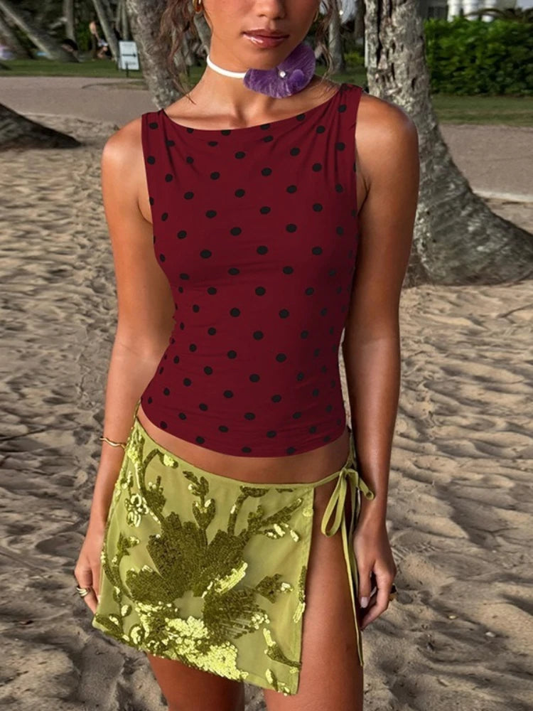 LIZAKOSHT  -  Casual Sexy Polka Dot Tank Tops For Women O-neck Sleeveless Slim Corset T-shirt Streetwear Y2K Girls Clothes Cropped Top