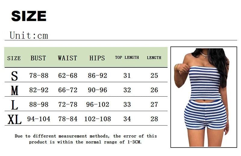 LIZAKOSHT  -  Women's Contrasting Color Casual Stripe Matching Set Strapless Cropped Vest+Shorts Fashion Sexy Slim Fit Holiday Streetwear