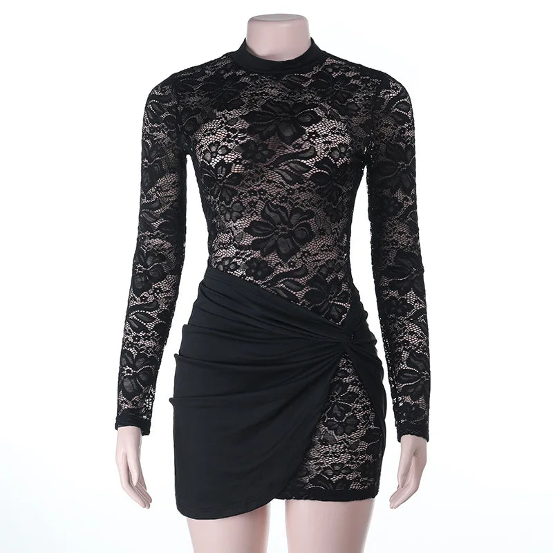 LIZAKOSHT  -  Twist Patchwork See Through Lace Bodycon Mini Dress Women Autumn O Neck Long Sleeve Ruched Slim Night Clubwear Party Dresses
