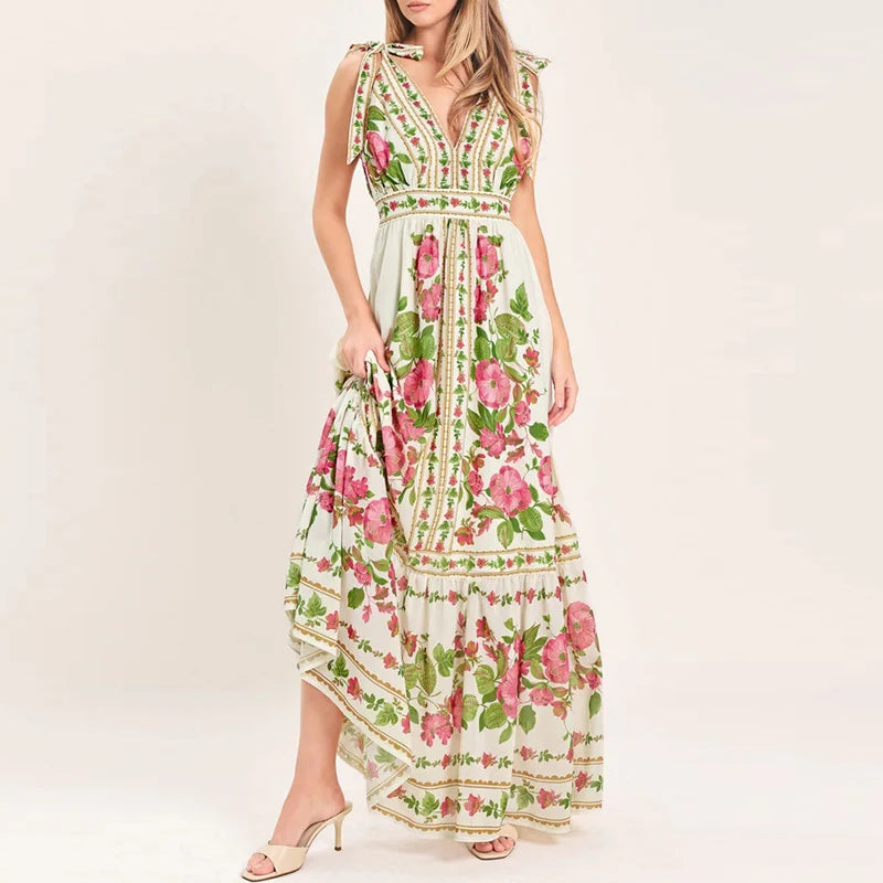 LIZAKOSHT  -  Sexy V-neck Women Vacation Long Dress Summer Casual Sleeveless Hight Waist Party Dress Elegant Print Draped Bow Maxi Dress