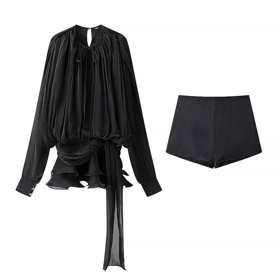 LIZAKOSHT  -  Women's Fashion Solid Color Dress Set Irregular Long Sleeveless A-line Leace-up Mini Dresses Shorts Two Piece Set Fashion Female