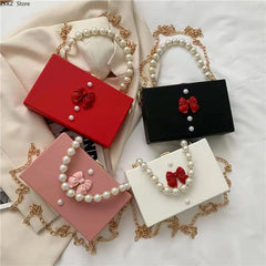 LIZAKOSHT  -  Pearl Bow Small Square Bag Women's Beaded Box Bag Female Handbag Crossbody Bag Mobile Phone Shoulder Bag