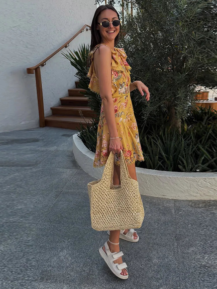 LIZAKOSHT  -  Fashion Yellow Floral Print Mini Dress For Women Casual O-neck Sleeveless Ruffle Trim With Lace Dress Lady Beach Vestidos