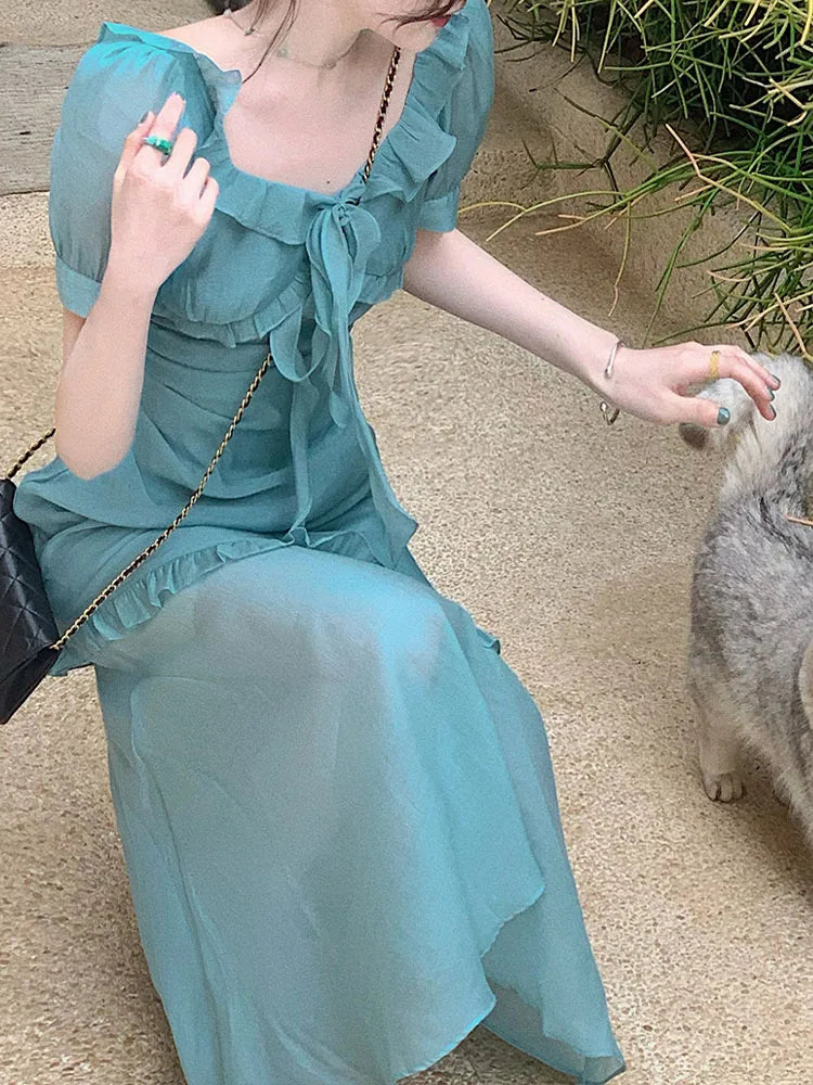 LIZAKOSHT Fashion Dresses for Women Short Sleeve French Style Ruffles Dress Solid Midi Casual Square Collar New Spring Summer Dress