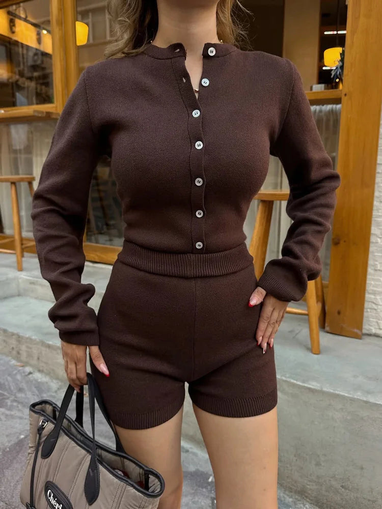 LIZAKOSHT  -  Knit 2 Piece-Set Shorts Female Ribbed Patchwork Sweater Cardigan Top And High Waist Shorts Sets Women' Knitwear Outfits