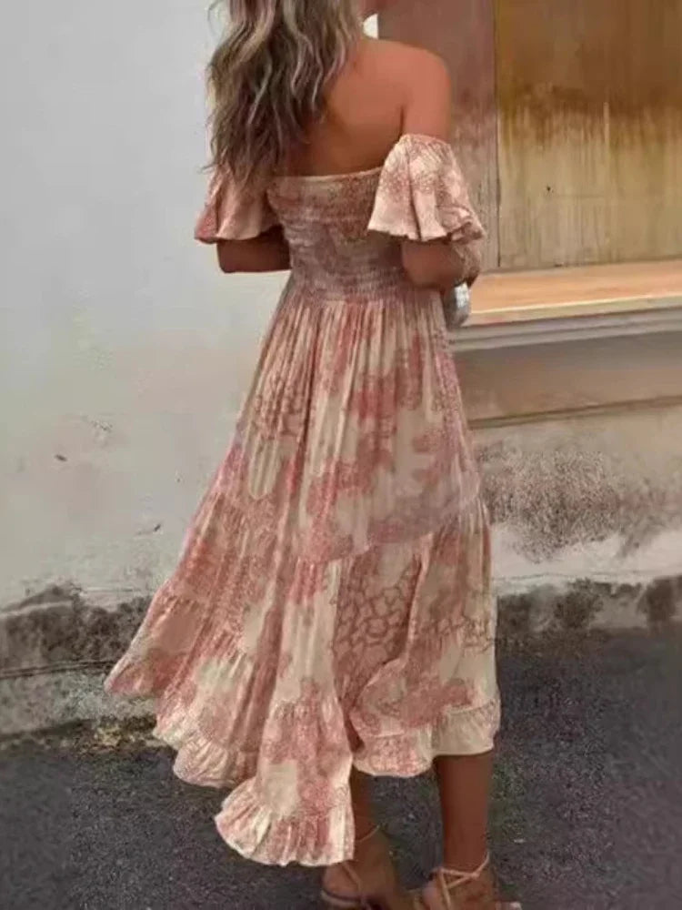 LIZAKOSHT  -  Summer Fashion Women's Elegant Dress Color Blocked Print Off Shoulder Strapless Sexy Lotus Leaf Sleeve Vacation Long Dress