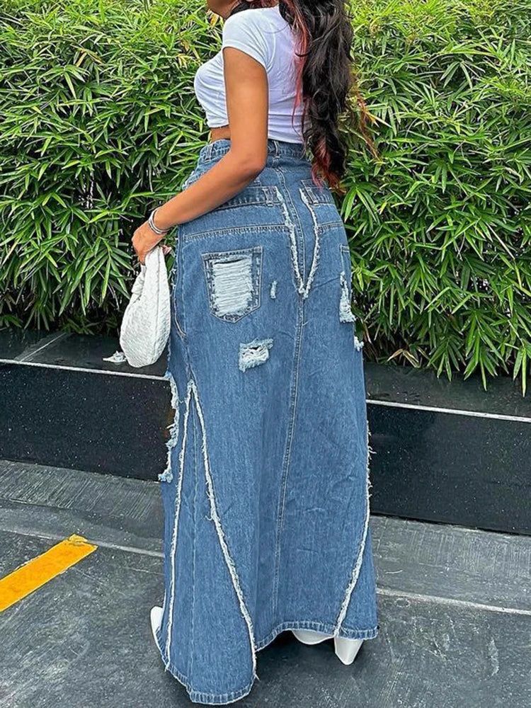 LIZAKOSHT  -  Ripped Denim Long Skirt American Vintage Women Loose High Waist Straight Split Maxi Skirts Fashion femme Streetwear